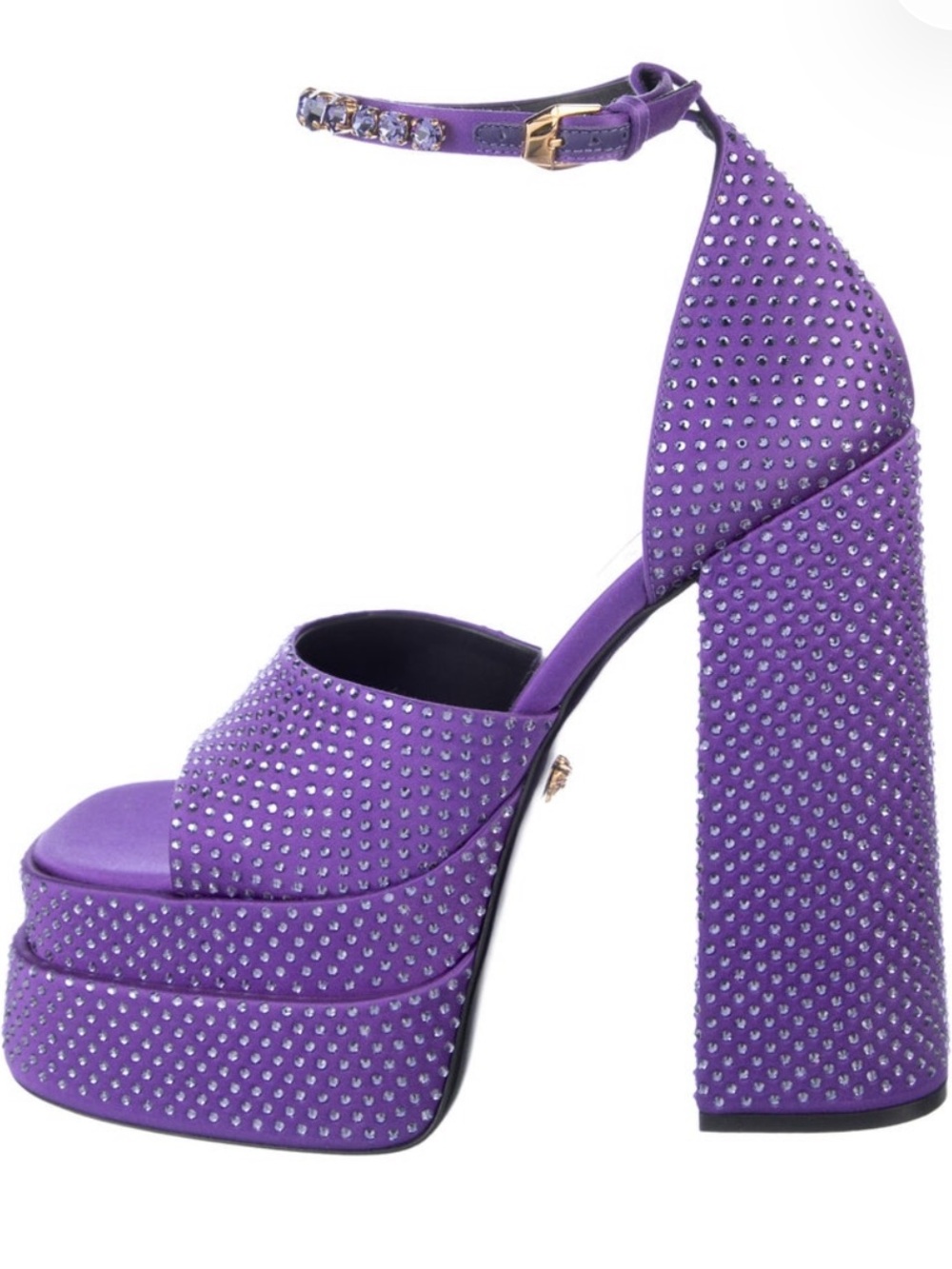Versace Purple Satin Platform Sandals with Studded Crystal Detail